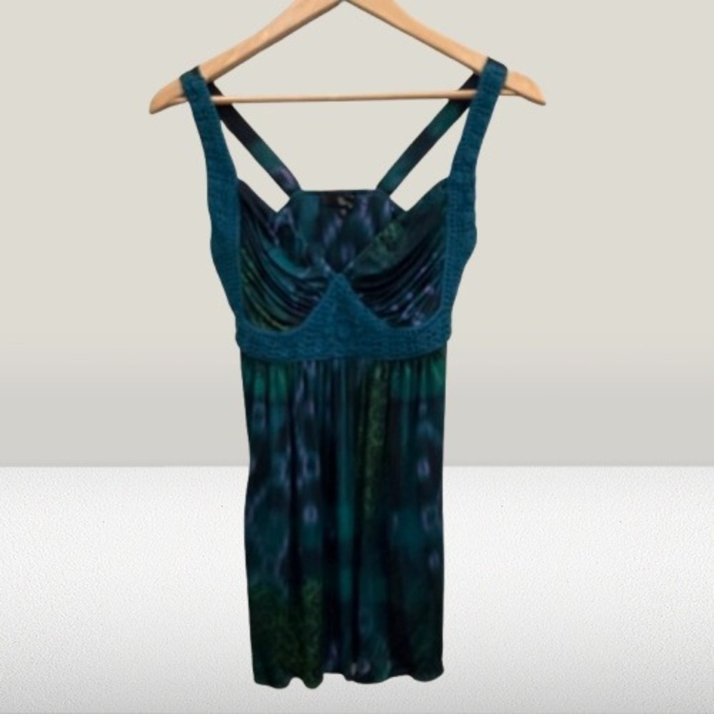 NEW Sky Teal Green Purple Abstract Print Crochet Trim Strappy Tank Top Small